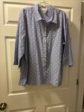 Alfred Dunner Blue and White Striped Button-Down collared shirt with side slits